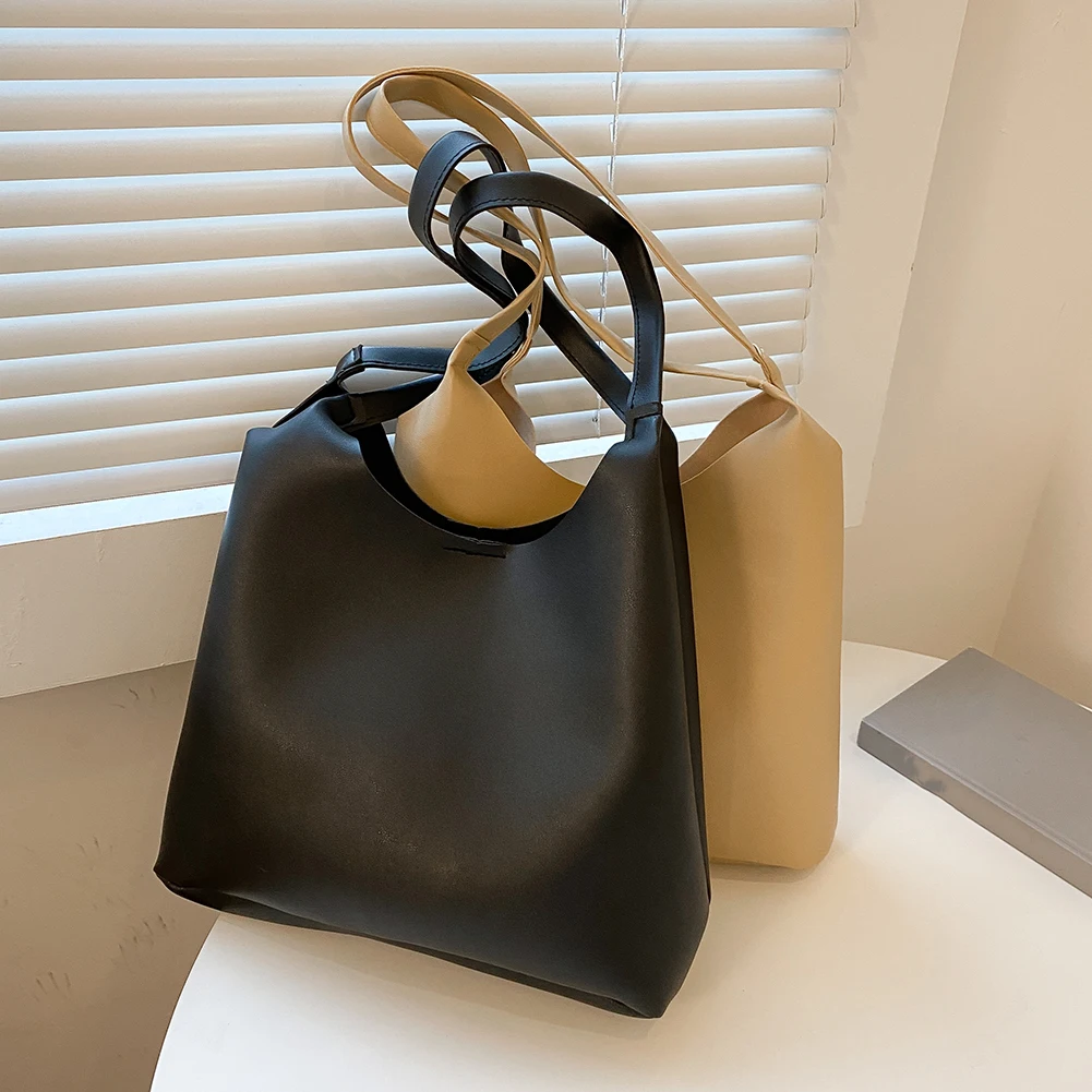 

Vintage Women PU Leather Solid Color Shoulder Shopping Bag Casual Ladies Large Capacity Tote Handbags