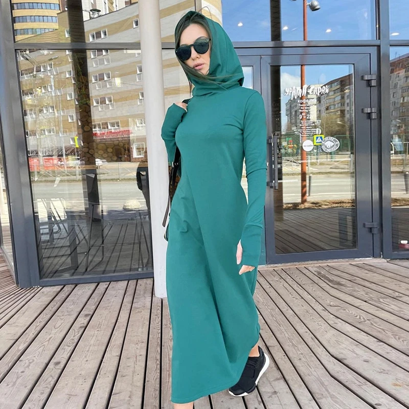 

Fall Solid Fashion Hooded Sexy Sweater Dress Birthday Maxi Dresses for Women Gothic Clothes Club Outfits Streetwear Wholesale
