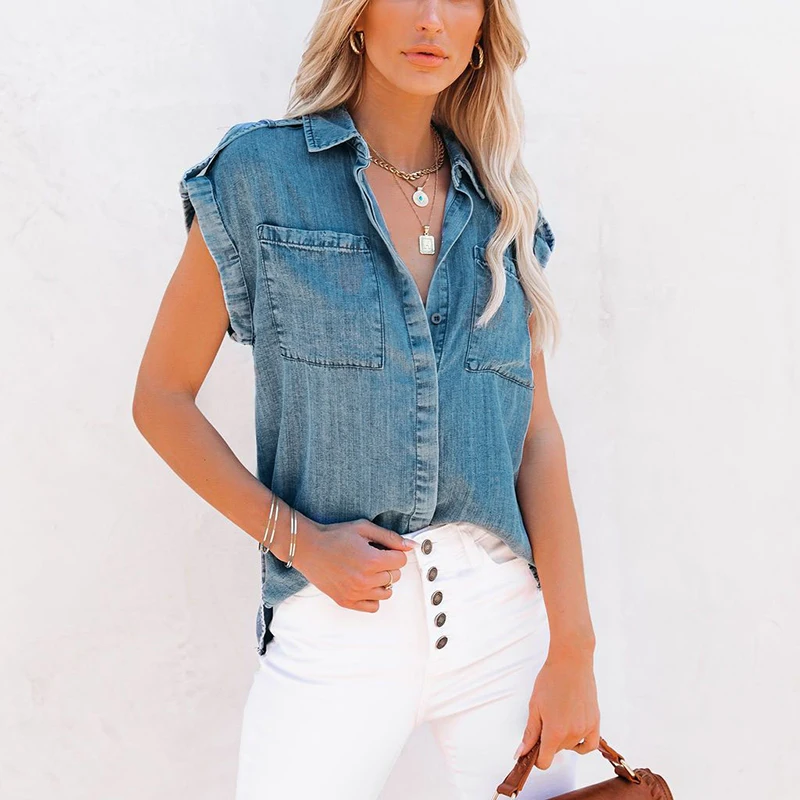 

Summer Fashion Women Denim Shirt Office 2021 Short Sleeve Single Breated with Pockets Casual Shirt Turn Down Collar Female Tops