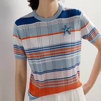 casual o neck striped t shirt womens summer slim short sleeve elegant women tops thin knitted tee shirt femme camisetas de mujer