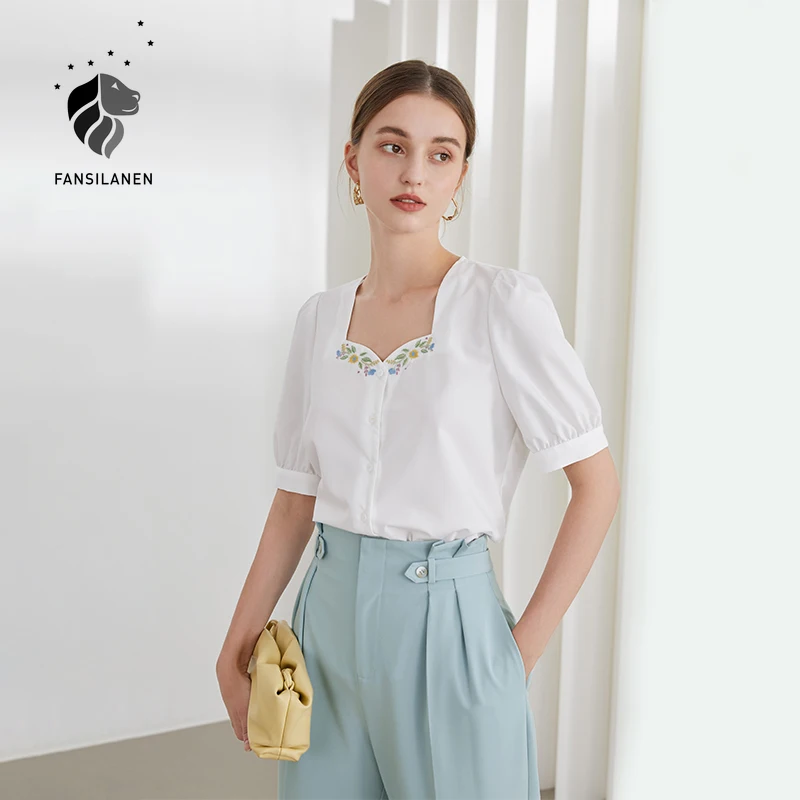 

FANSILANEN Office Lady Puff Sleeve Square Neck White Shirt Women Summer Niche White Short Sleeve Embroidered Shirt Korean Tops