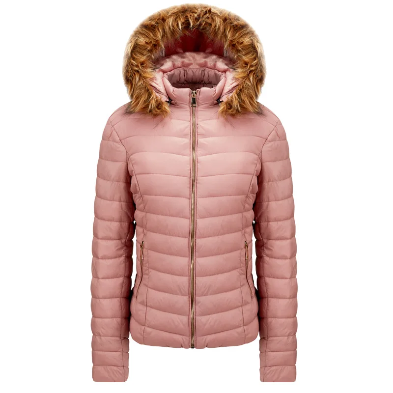 Women Winter Coat 2022 New Style Simple and Fashionable Striped Slim-fit Hooded Fur Collar Down Cotton Warm Cotton Jacket Casual