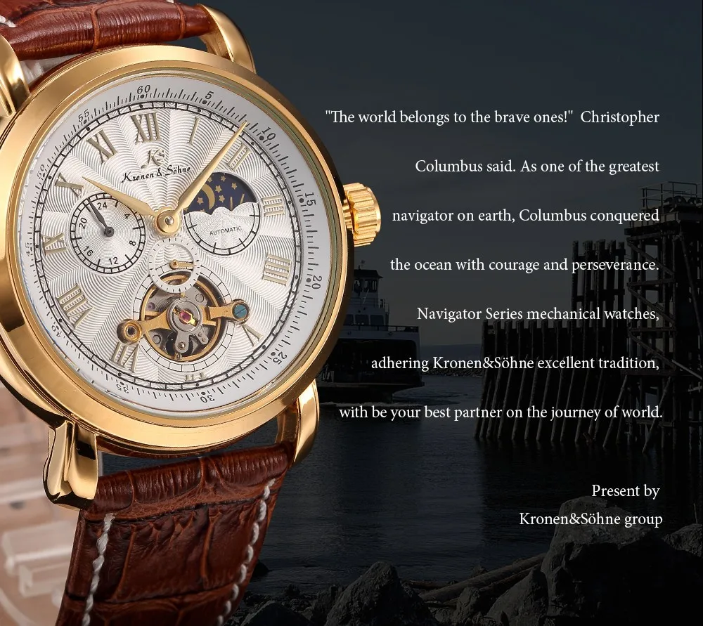 Navigator KS, спортивные часы, золотой чехол, автоматический, с защитой от солнца, Луны, дня и ночи, с кожаным ремешком, мужские механические часы Mirar