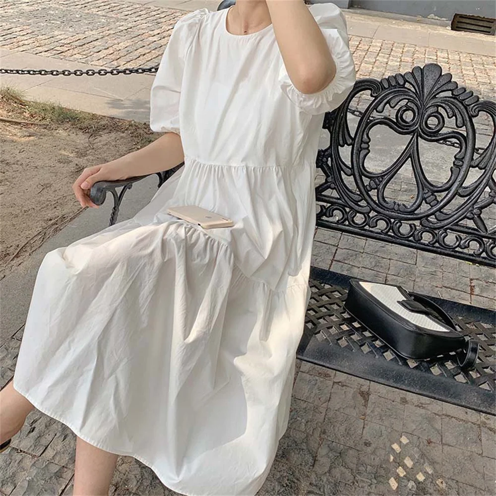 

Платье HziriP оверсайз со складками, однотонное длинное платье, милый, универсальный, лето 2021, элегантная уличная одежда, женское модное платье