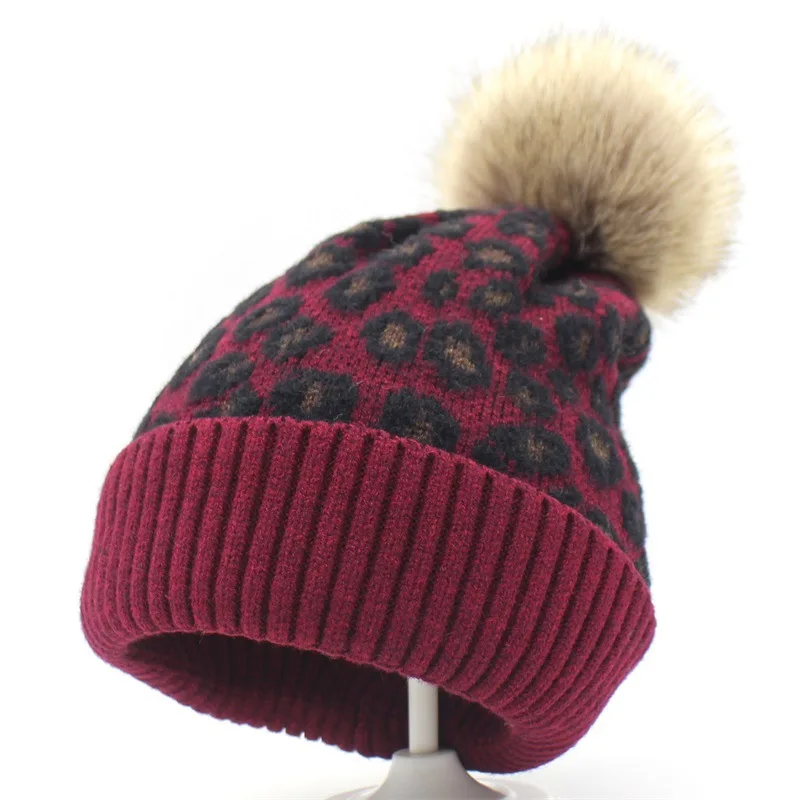 

2021 Autumn and Winter Parent-child Hat Leopard Print Knitted Wool Hat Outdoor Warm Fur Ball Hat Thickened Plus Velvet Cap