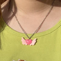 new harajuku pink heart wing pendant necklace for women girl punk hip hop candy color sweet choker necklace party jewelry gift