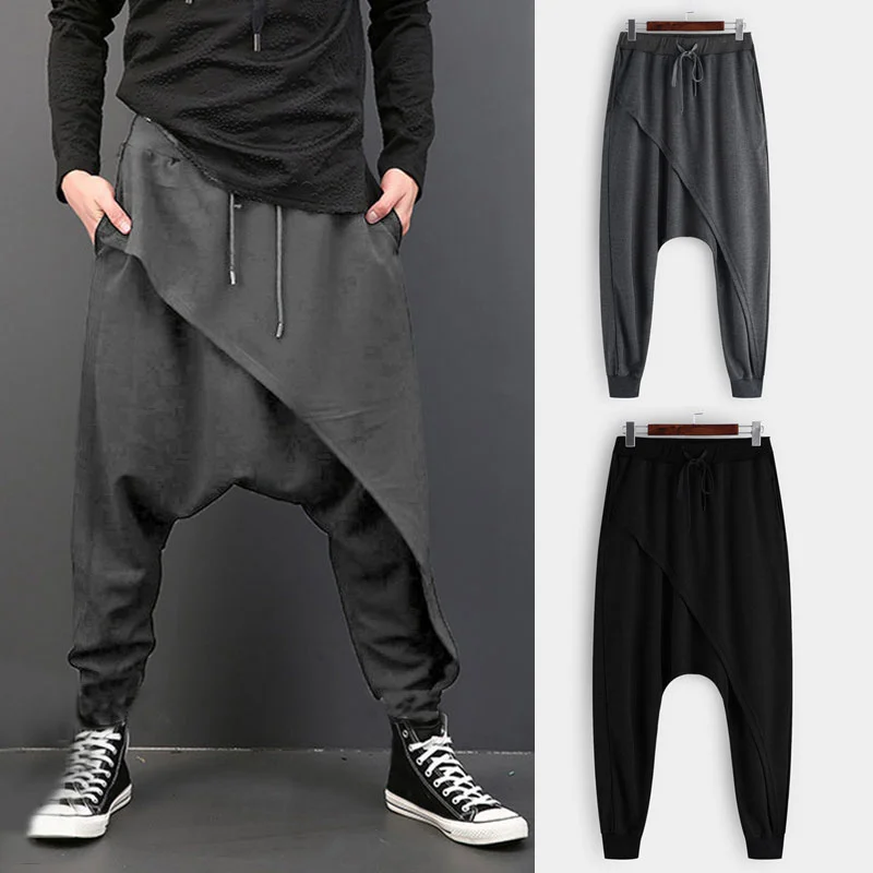 

2021 Men Harem Pants Elastic Waist Streetwear Drop-crotch Trousers Men Baggy Fashion Punk Style Joggers Casual Pants