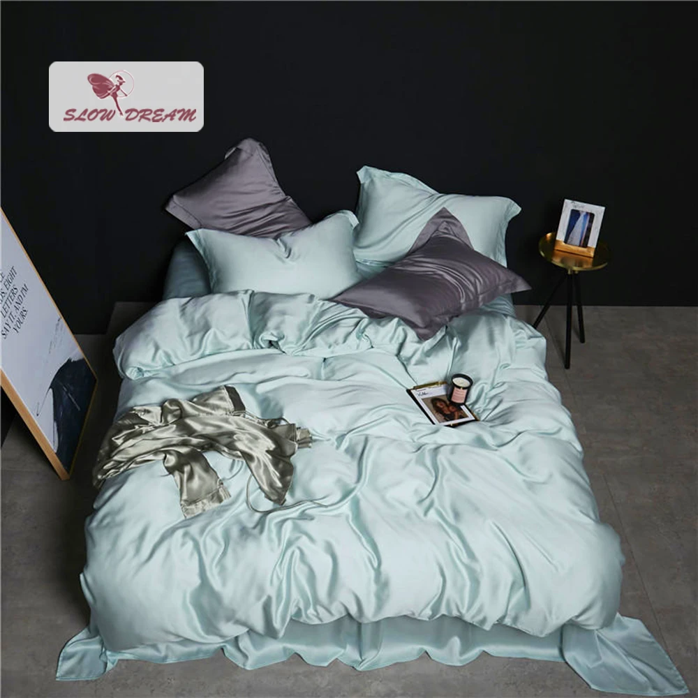 

SlowDream Luxury Women 100% Silk Green Bedding Set Duvet Cover Flat Sheet Fitted Sheet Pillwocase Bed Linen Set Home Textile