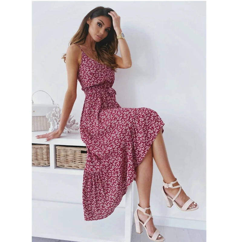 

European and American fashion suspender small broken bouquet waist strap printing Ruffle midsummer women's Beach bohemian dress