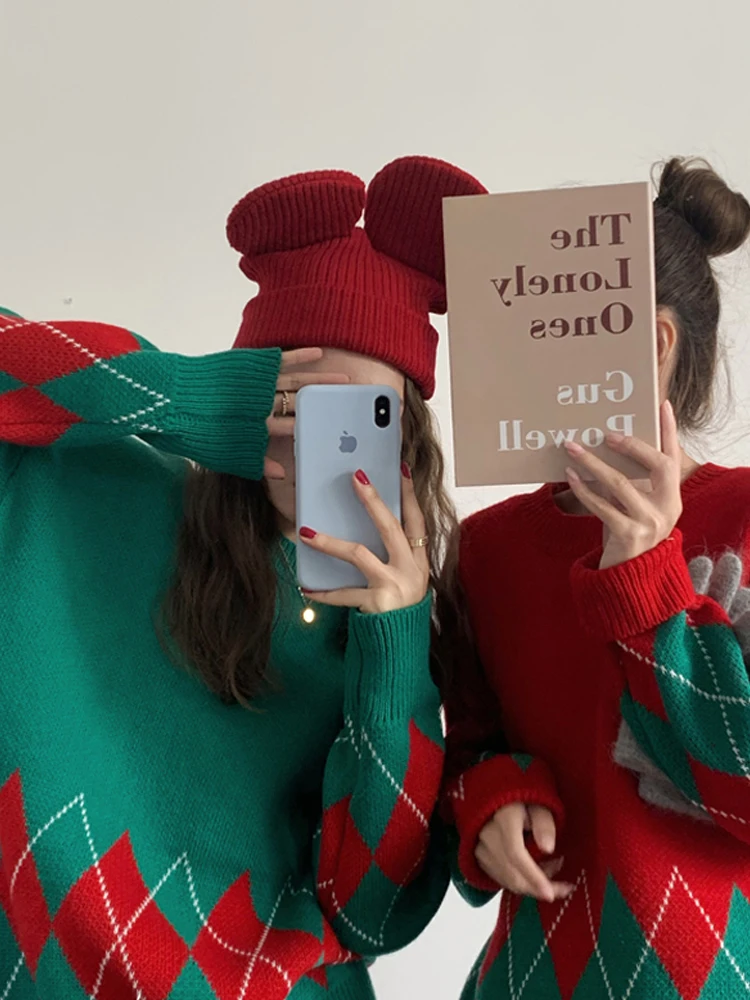

Christmas rhombus contrast sweater women winter 2020 new Korean version loose retro pullover sweater coat jacket