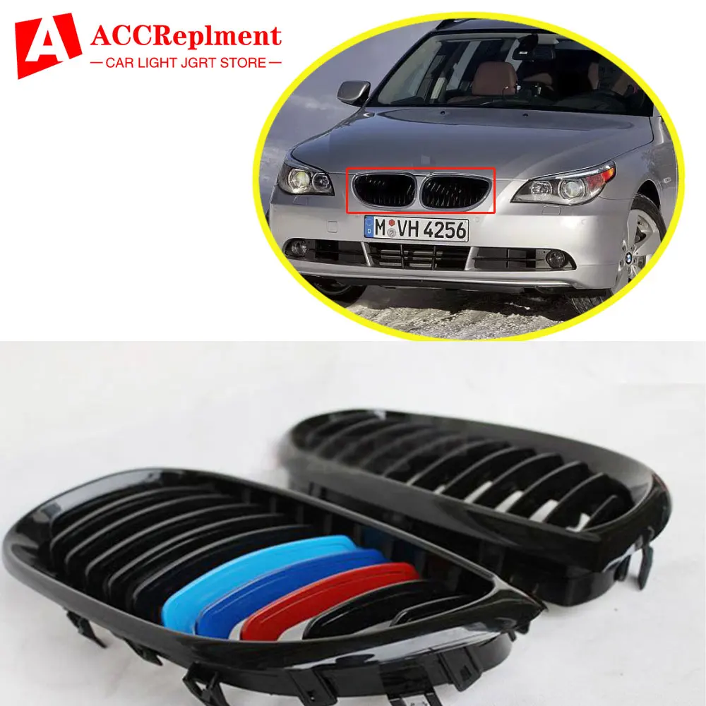 

Решетка для переднего бампера BMW 5 Series E60 E61 2004-2009, однослойная двойная решетка из углеродного волокна, трехцветная, Черная