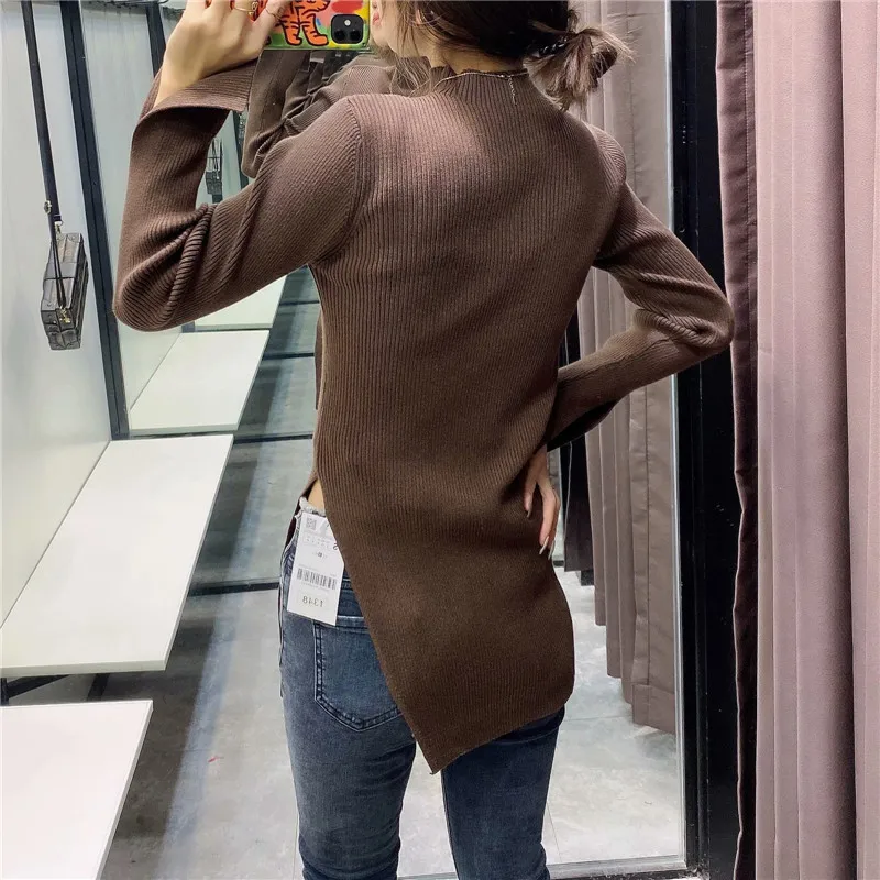 

2020 Za Women Long Knit Blouse Long Sleeve High Collar Ribbed Knitted Top Female Fashion Side Vents Slim Autumn Blouses