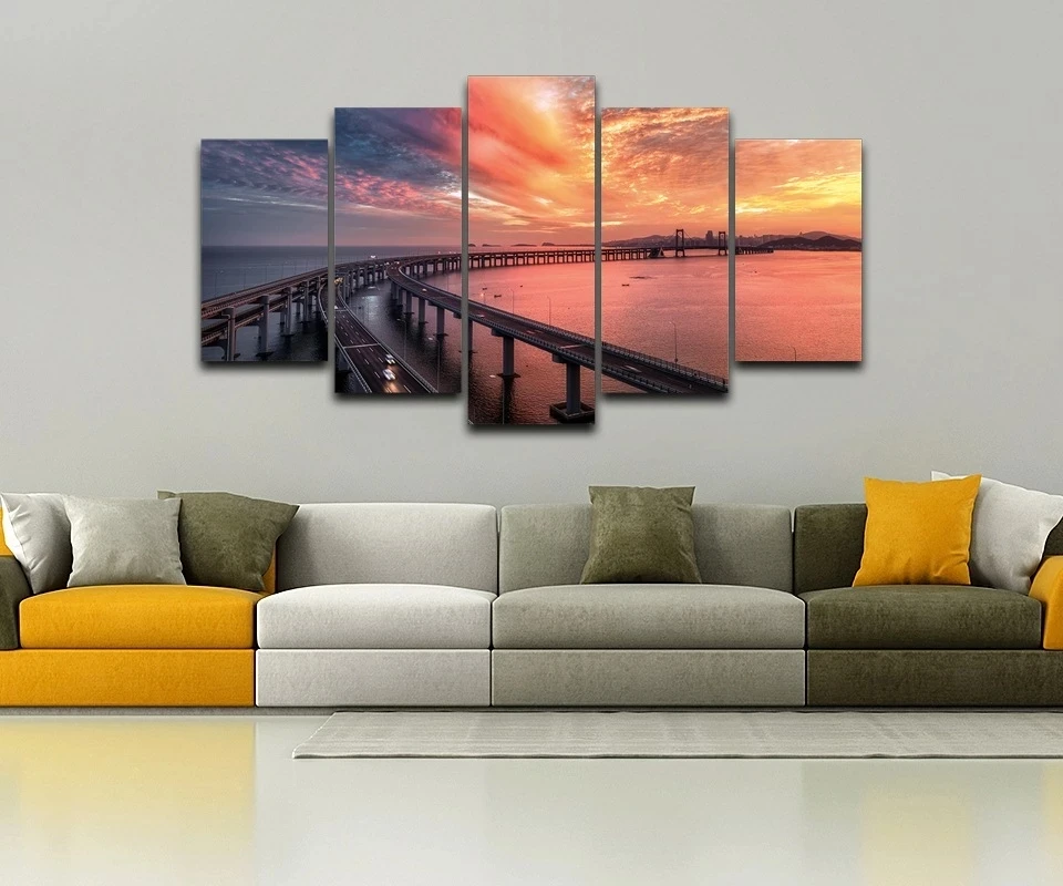 

Canvas Wall Art Pictures Home Decor HD Prints Posters Frame 5 Pieces Gorgeous Burning Clouds In The Sky Bridge Paintings Decor