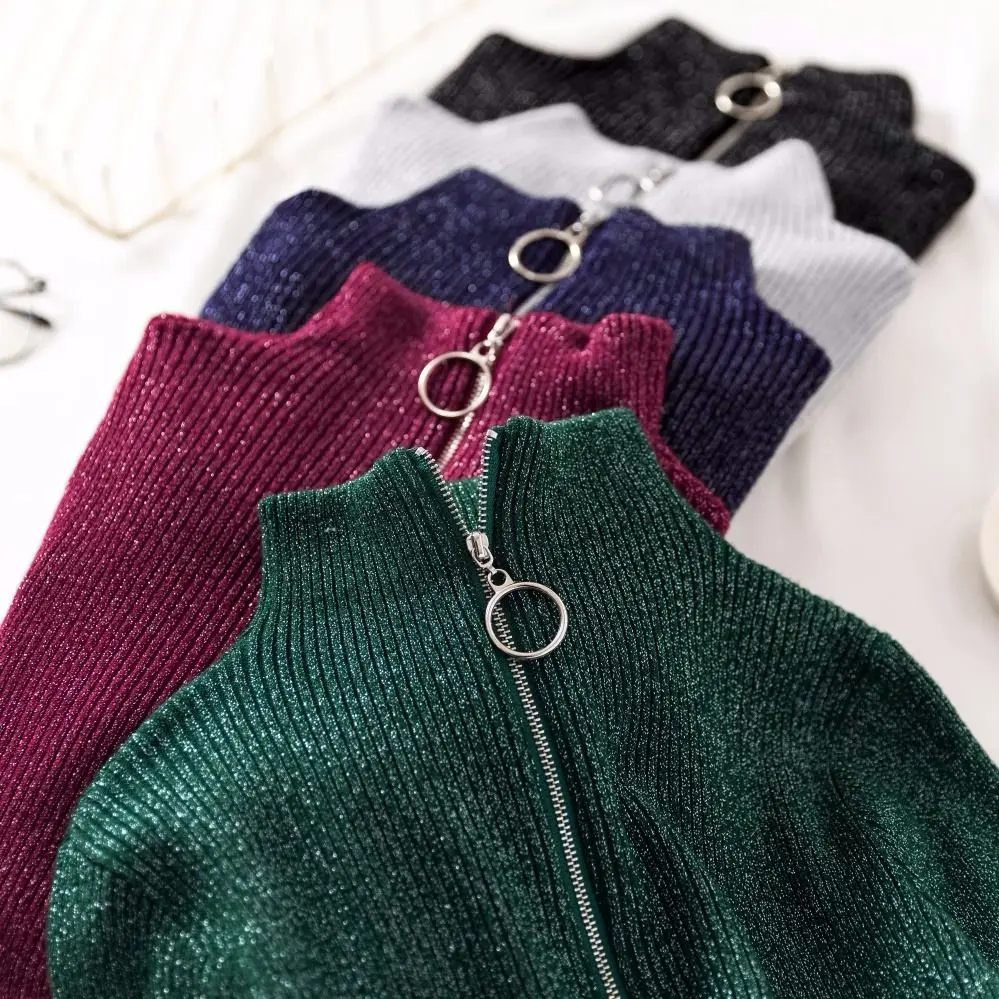 Осень-зима 2020 вязаный пуловер на молнии с воротником-хомутом Повседневный Яркий