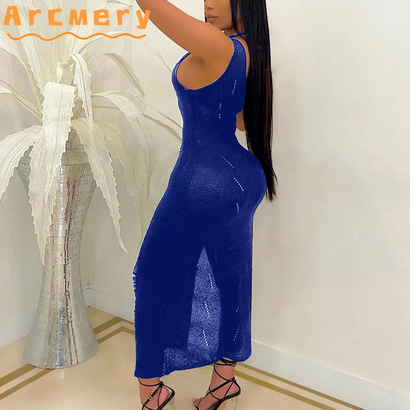 

Women Sleeveless See Through Slit Sexy & Club Maxi Dress
