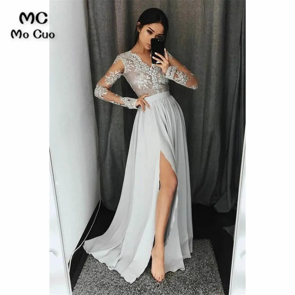 

Gray Sheer Lace Evening Dresses Long Sleeves Floor Length Front Slit Prom Gown Chiffon Formal Evening Party Dress for Women
