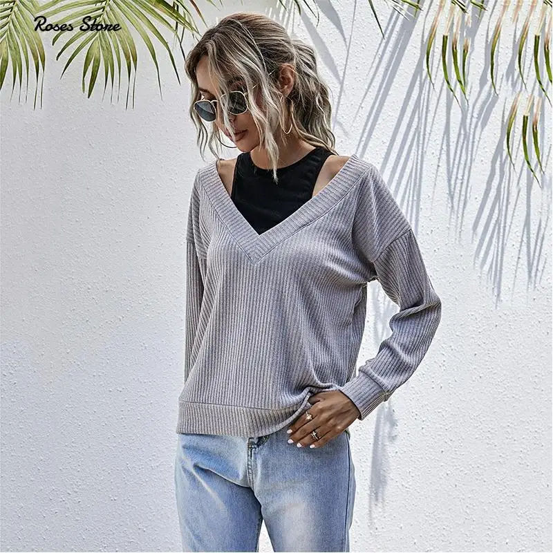 

Women's Fake Two-Piece Sweaters Female Jumpers Autumn Novelty Knit Tops Lady Fashion Shirts Spring Khaki Pullovers Grey Clothing