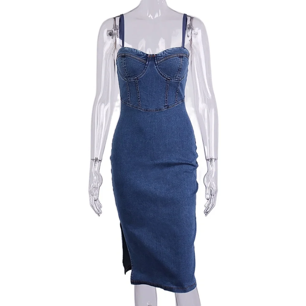 

Women's Summer Sexy Strap Denim Dress 2021 Tight Fitting High Split Sleeveless Back Zipper Bodycon Lady Party Outfits Vestidos