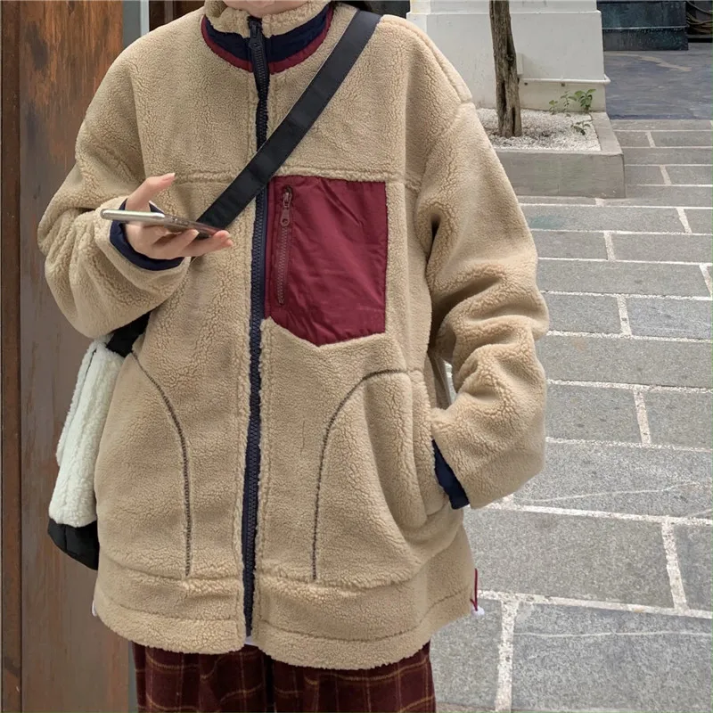 

Lamb Wool Coat Women's Autumn and Winter Thickening Stand Collar Cotton Clothing Korean Retro 2020 New Loose Casual Top