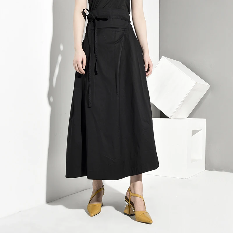 [EAM] High Waist Black Bandage False Two Spliced Loose Half-body Skirt Black Women Fashion Tide New Spring Autumn JR4780