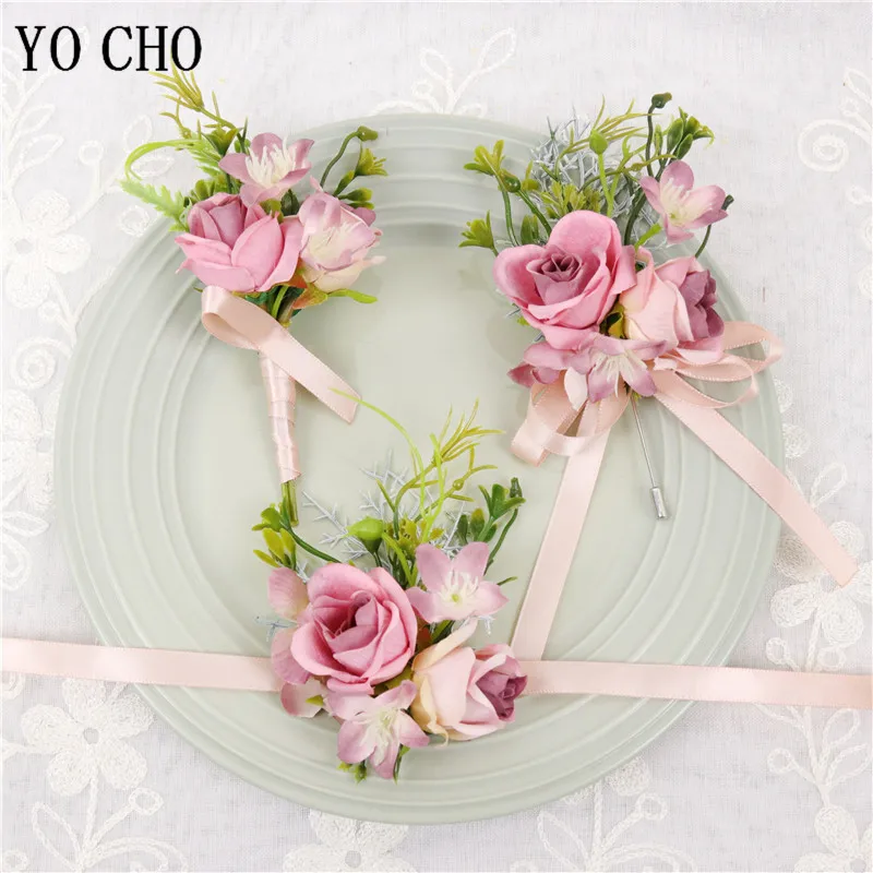 YO CHO Silk Rose Wedding Corsages and Bridal Brooches Groom Boutonniere Buttonhole Man Marriage Corsage Bracelet Flowers | Дом и сад