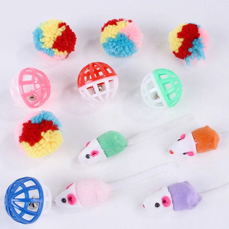 

12 pieces of cat interactive toys plastic little bell mouse toy wool ball toys cat toys pet supplies