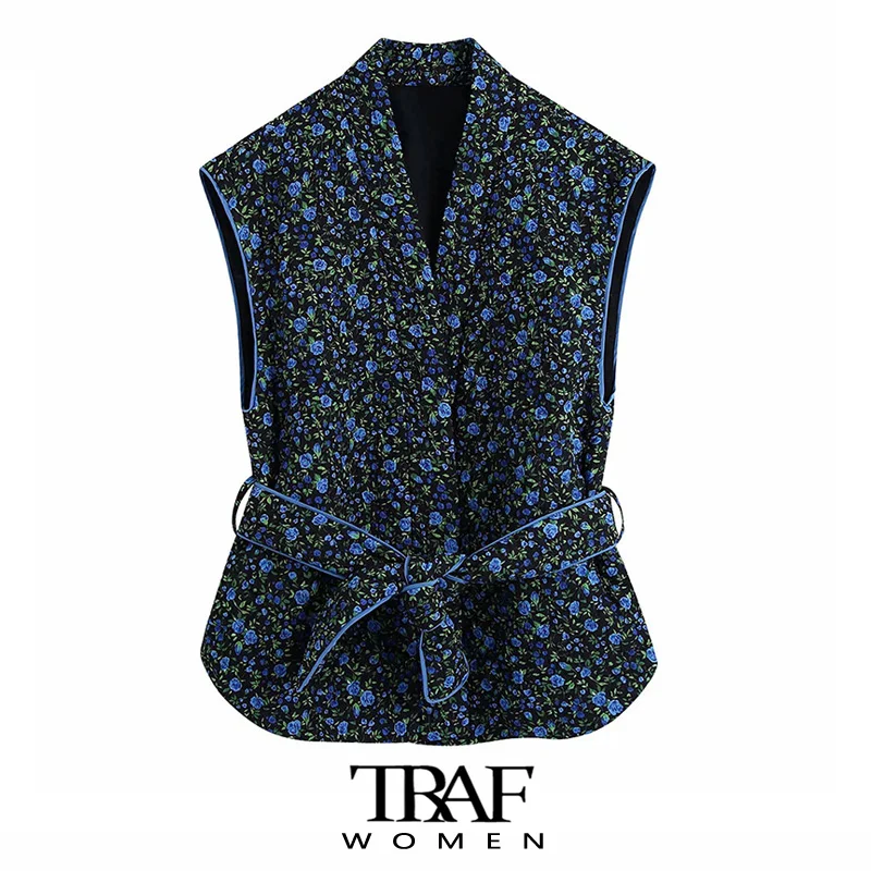

TRAF Women Fashion With Belt Floral Print Thin Padded Waistcoat Vintage V Neck Sleeveless Female Outerwear Chic Veste