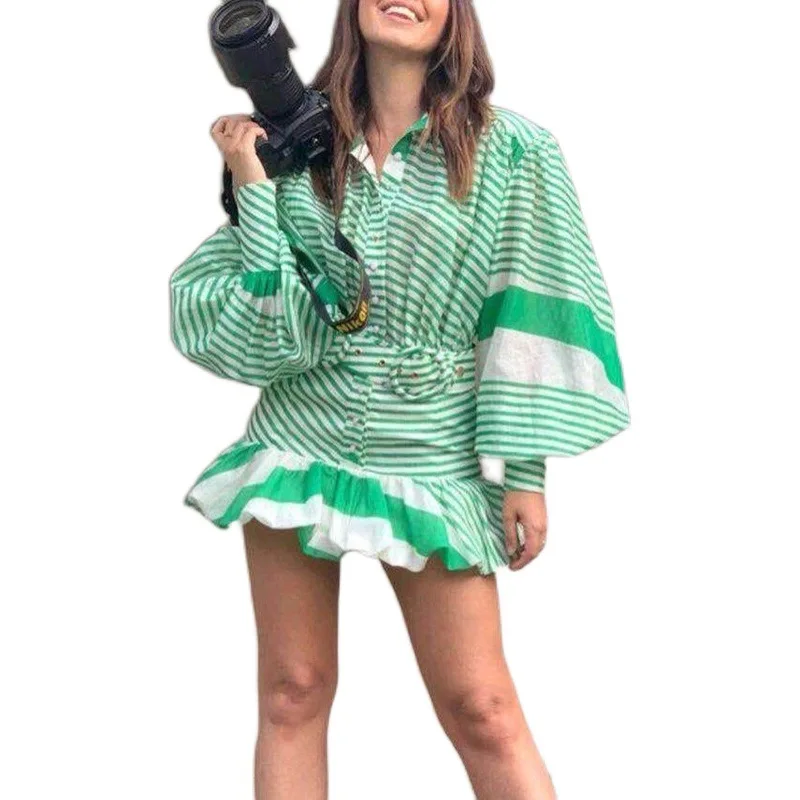 

Aussie fashion brand goddess temperament holiday style stripe loose lantern sleeve shirt skirt dress