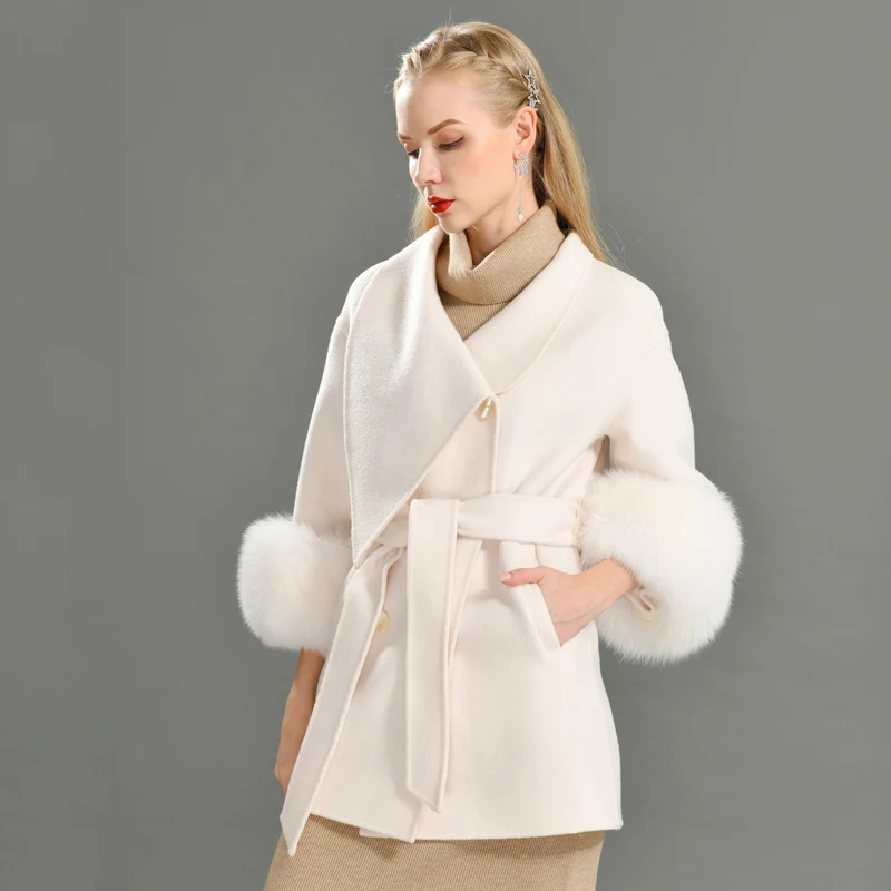 

Jxwatcher Cashmere Wool Coat Women Warm Large Fur Cuffs Jacket Female Spring Turn Down Collar Wool Coat