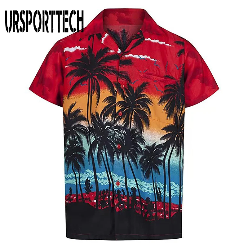 URSPORTTECH 2021 Summer Men Shirt Short Sleeve Cotton Loose Casual 3D Print Vacation Beach Tops Blouse Plus Size Shirt Men Big