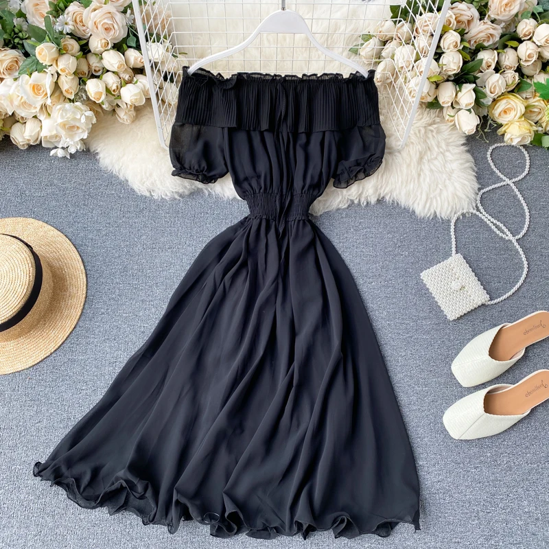 

Women's Summer Dress New Pleated Ruffled One-neck Dress Strapless Puff Sleeve Chiffon Short Sleeve Long Female Dresses LL051