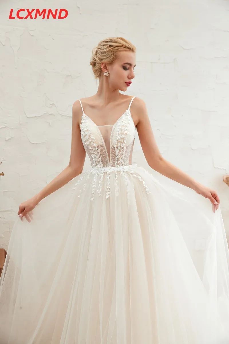 Spaghetti Straps Wedding Dresses 2019 Sweep Train Sexy Open Back Bridal Gowns Vestido De Noiva Illusion V Neck Gown | Свадьбы и
