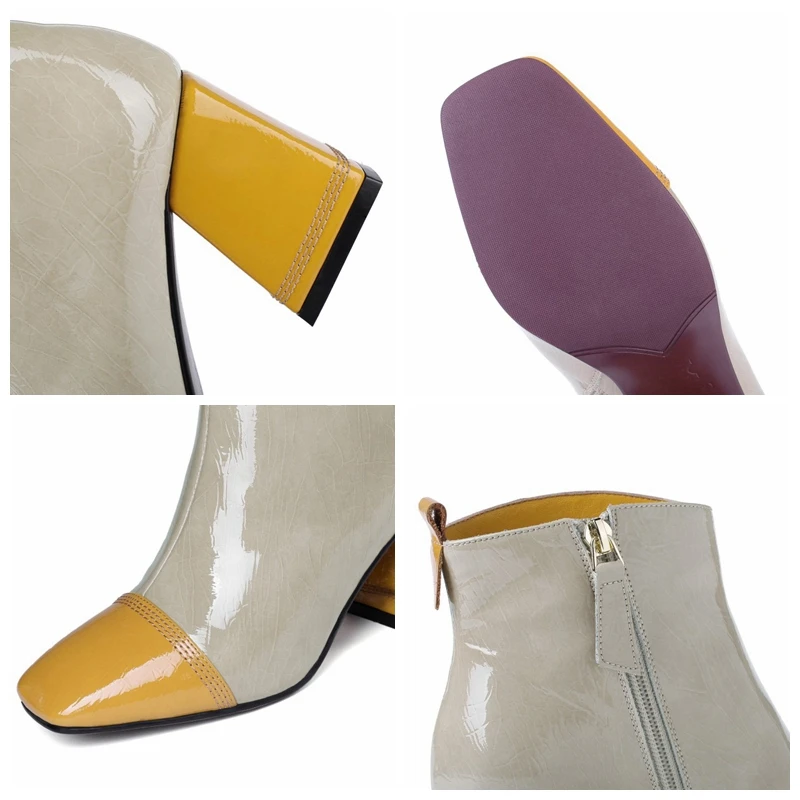 

SIMLOVEYO Ladies Genuine Leather Ankle Boots Square Heel Hoof Heels Side Zipper Size 34-39 Apricot Casual Party Yellow B1814