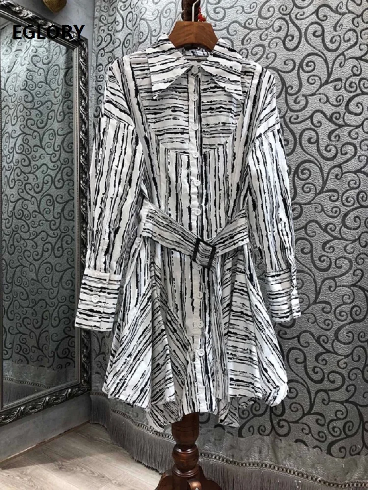 

100%Cotton Dress Clothing 2021 Spring Fashion Style Women Turn-down Collar Striped Print Full Sleeve Casual Long Shirt Dress