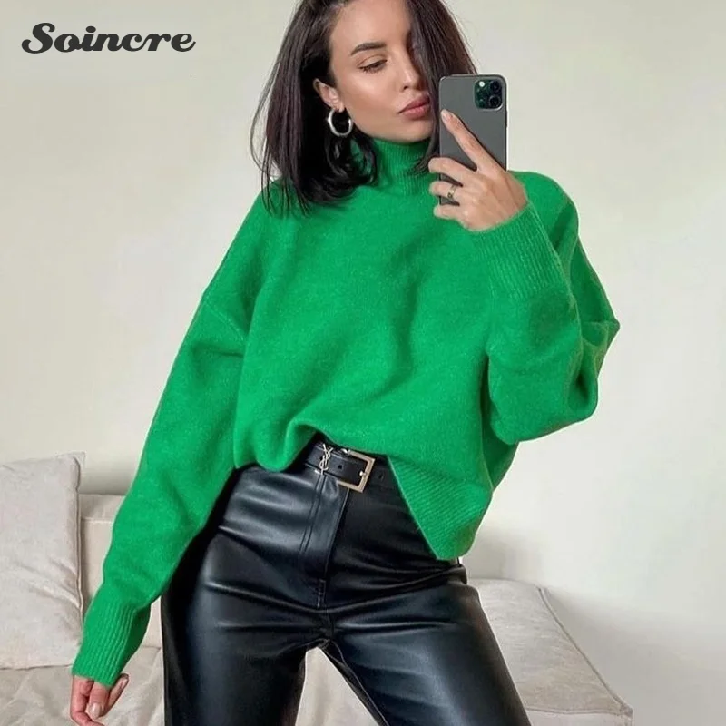 

Y2k Green Knitted Turtleneck Sweater Women 2021 Autumn Winter Long Sleeve Loose Oversized Pullover Fashion Casual Sweater