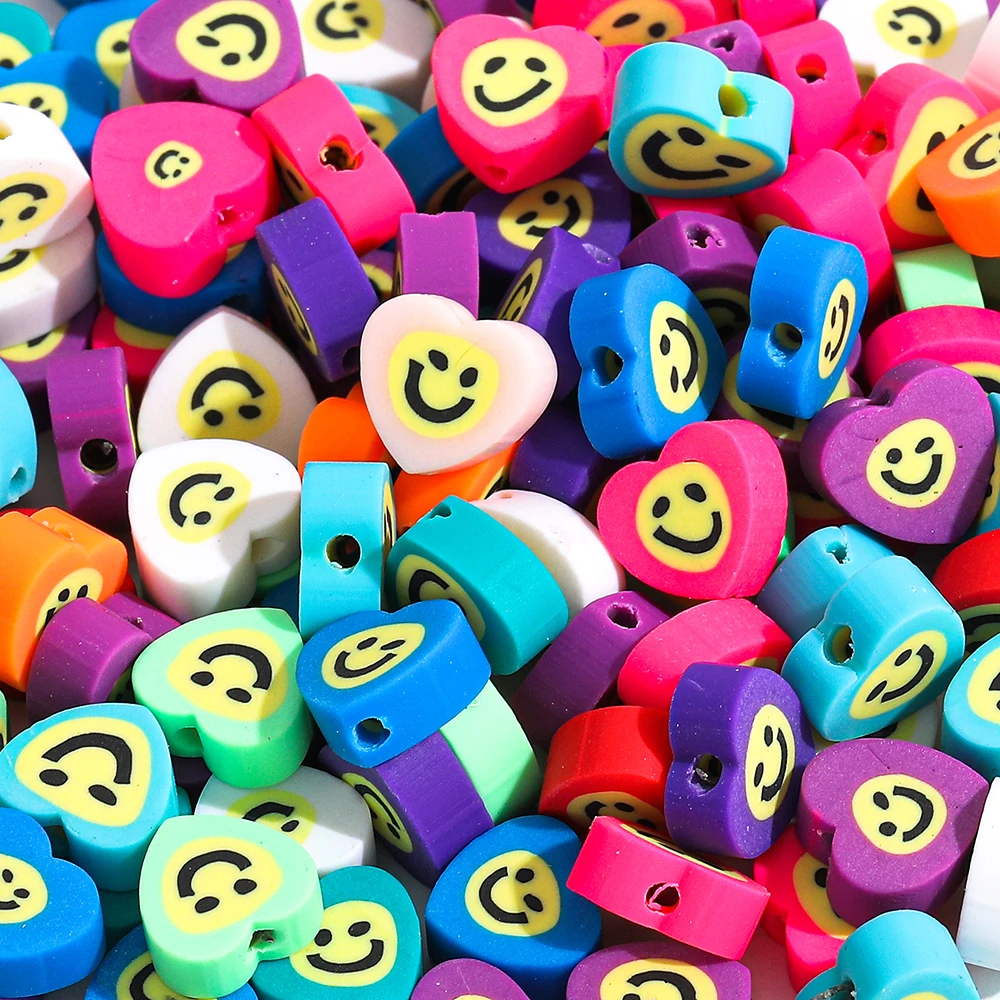 

30pcs 10mm Smiley Beads Mixed Color Polymer Clay Spacer Heart Shape Beads for Bracelet Jewelry Making DIY Handmade Accessories