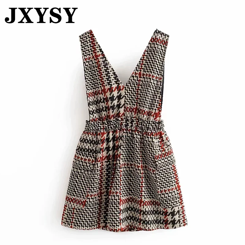 JXYSY английский стиль винтаж в клетку однобортное Мини платье на бретелях для