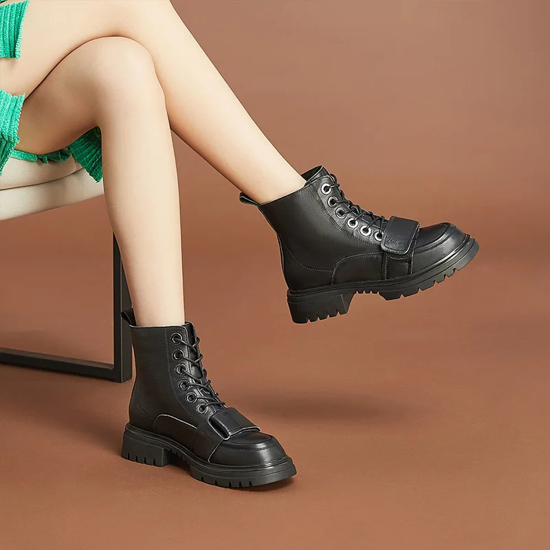 

KANGNAI Ankle Boots Women Martin Boots Platform Genuine Leather Lace-Up Winter Female Shoes