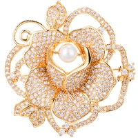 luxury rose flower brooch zircon crystal freshwater pearl corsage metal brass collar pin for women valentines birthday gift