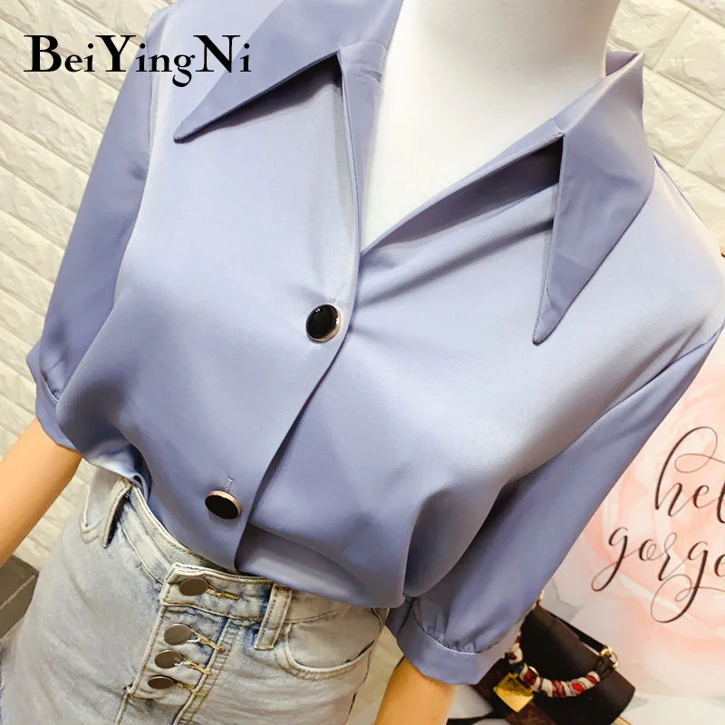 

Женская однобортная рубашка Beiyingni, летняя белая блуза с коротким рукавом, шелковая сатиновая блузка, 2021