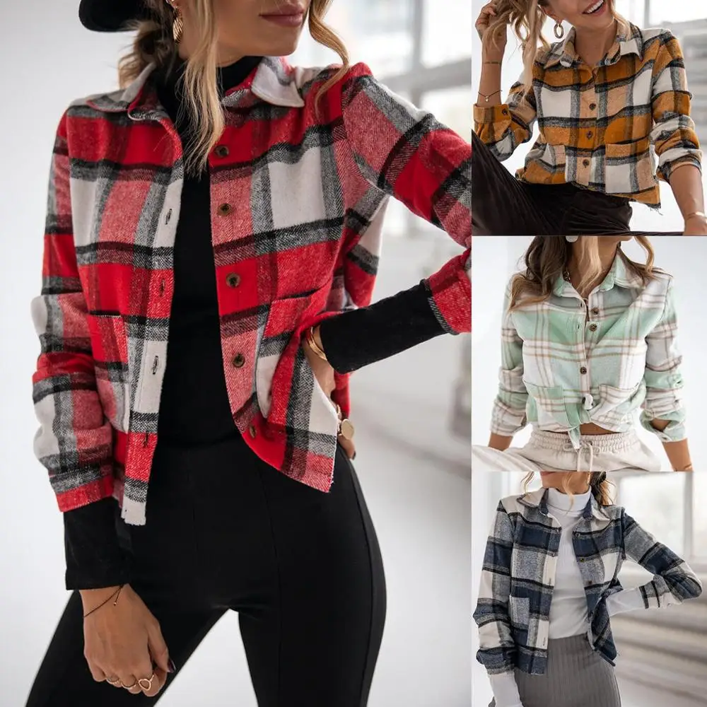 Vintage Big Pockets collared long sleeve button up tops casual collar plaid shirts for women 2021 womens tops and blouses C224