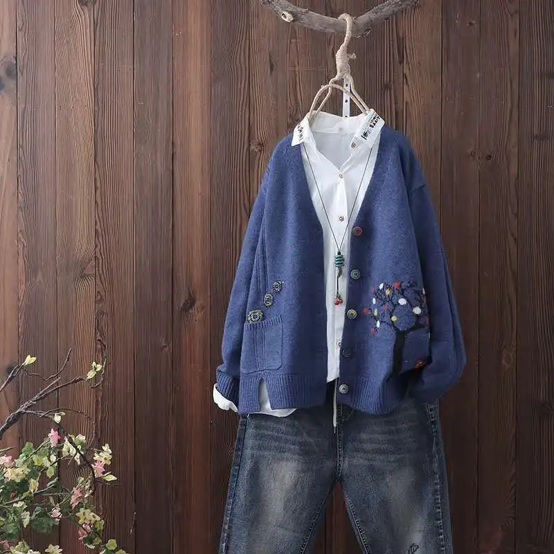 

Женский вязаный кардиган с длинным рукавом, жаккардовый свитер с V-образным вырезом, пальто, новинка сезона весна-осень 2020, Свободный Повсед...