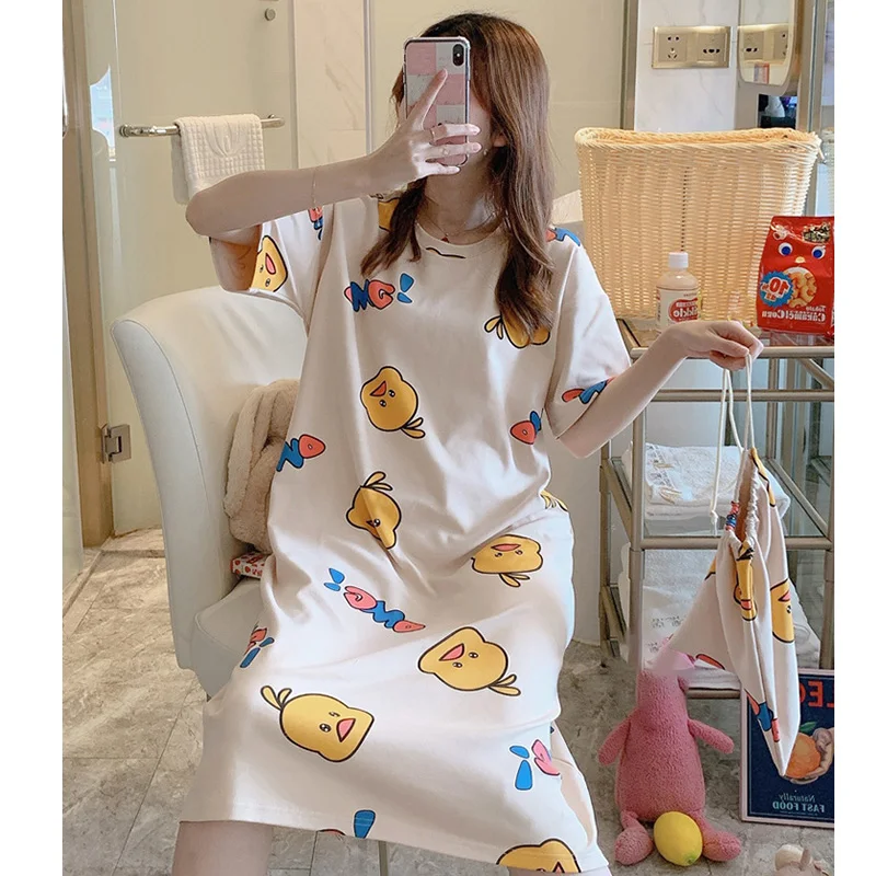 

Summer Korean Sweet Cartoon Nightdress Comfortable Short Sleeve Sexy Sleepwear Kawaii Pijama Sleep Tops with Cloth Bag