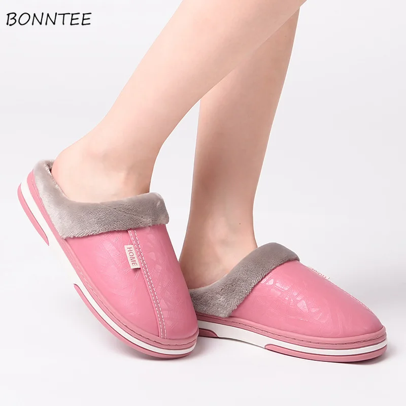 Winter Slippers Women Plush Warm House Cotton Slipper Waterproof PU Leather Womens Bedroom Shoes Plus Size Chic Leisure Non-slip