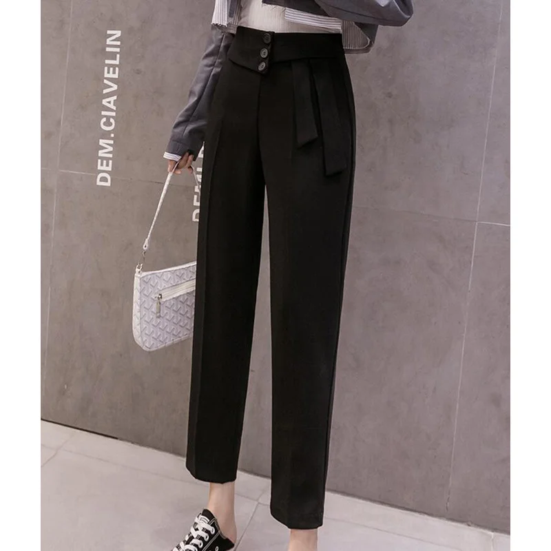 

New 2020 Spring Winter Women Pants High Waist Loose Formal Elegant Office Lady Ankle-Length With Belt Pants CL608