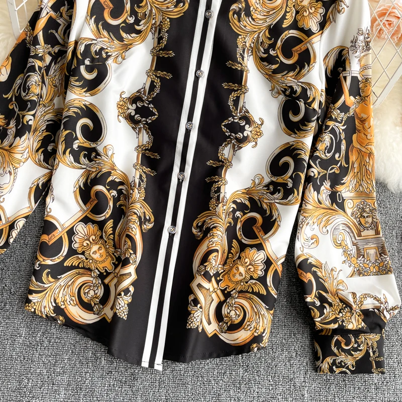 

Women Retro Print Blouse Turndown-Collar Single Breasted Long Sleeve Casual Tops Spring Korean Fashion Streetwear Tops