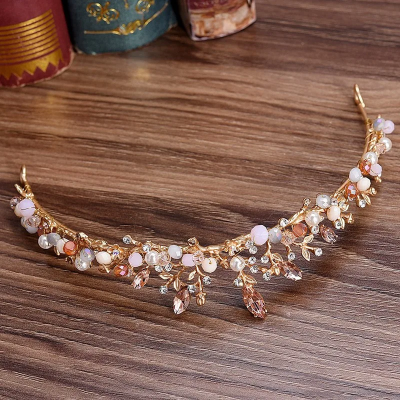 Baroque Rhinestone Pink Crystal Beads Bride Crown Tiara Wedding Bridal Diadem Headpiece Hair Accessories Jewelry | Украшения и