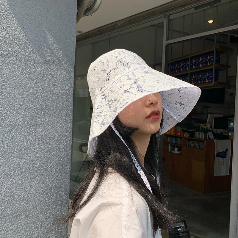 

Summer White Lace Fisherman Hat Female Japanese Big Head Circumference Thin Section Breathable Sun Protection with Rope Bob Hat