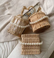 bag ladies 2021 ins new fashion shoulder straw bag metal pearl chain handbag woven slung bucket bag cute