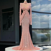 new fashion pink sparkling evening dresses long sleeve sequins mermaid plus size women prom pageant elegant gowns custom made